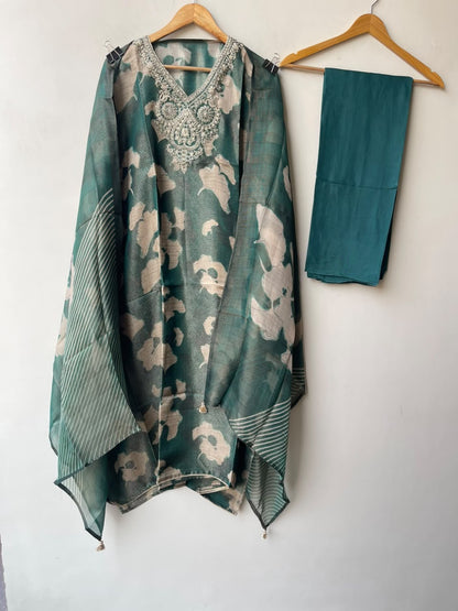 Pure Organza Silk Zari Embroidered Unstitched Suit Set with Tuile Dupatta