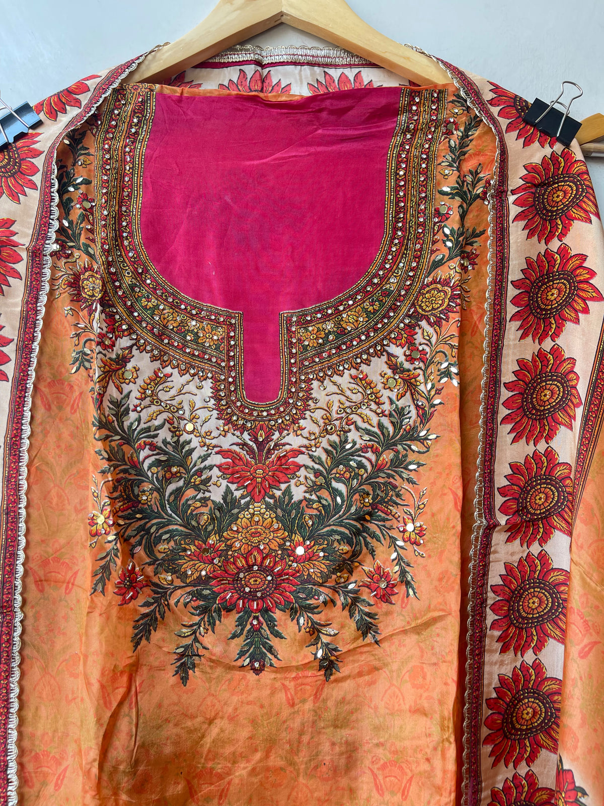 Festive Satin Crepe Printed Mirror Work Unstitched Suit Set with Dupatta