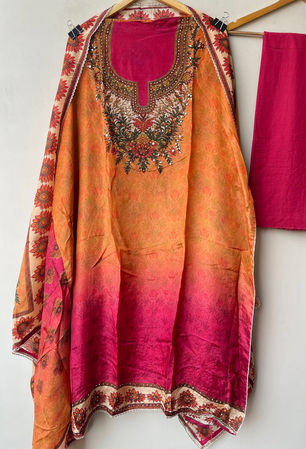 Festive Satin Crepe Printed Mirror Work Unstitched Suit Set with Dupatta