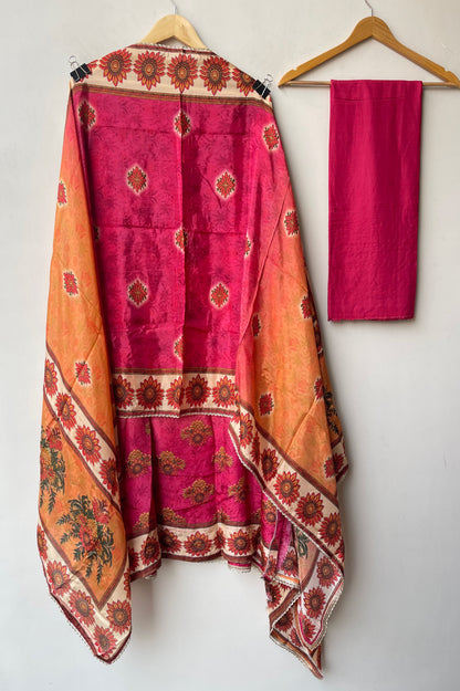 Festive Satin Crepe Printed Mirror Work Unstitched Suit Set with Dupatta