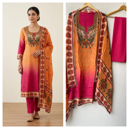 Festive Satin Crepe Printed Mirror Work Unstitched Suit Set with Dupatta