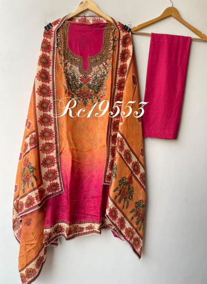 Festive Satin Crepe Printed Mirror Work Unstitched Suit Set with Dupatta