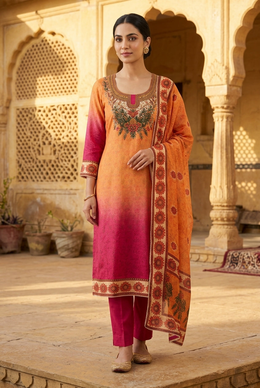 Festive Satin Crepe Printed Mirror Work Unstitched Suit Set with Dupatta