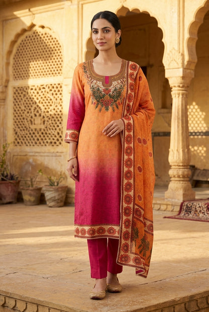 Festive Satin Crepe Printed Mirror Work Unstitched Suit Set with Dupatta
