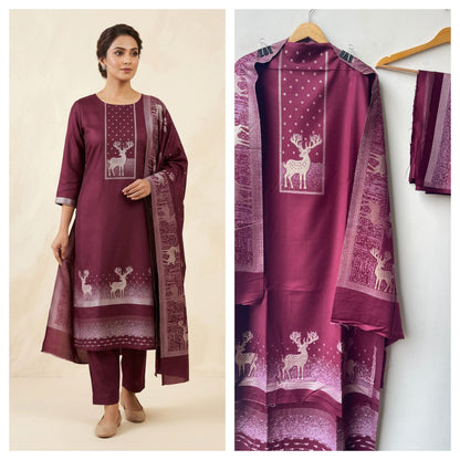 Winter Pashmina Woolen Zari Resham Weaving Printed Unstitched Suit Set