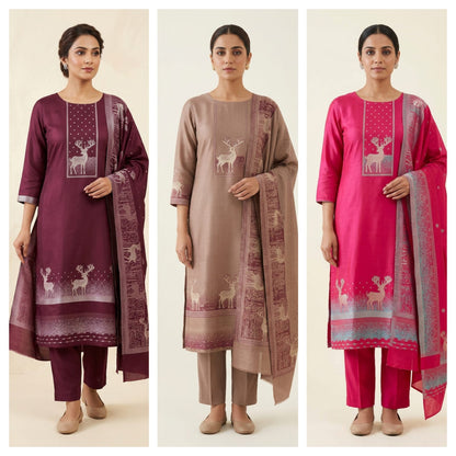 Winter Pashmina Woolen Zari Resham Weaving Printed Unstitched Suit Set