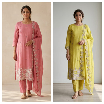 Pure Mul Chanderi Resham Embroidered Scalping Unstitched Suit Set