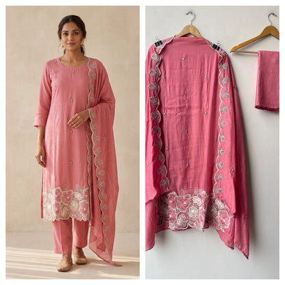 Pure Mul Chanderi Resham Embroidered Scalping Unstitched Suit Set