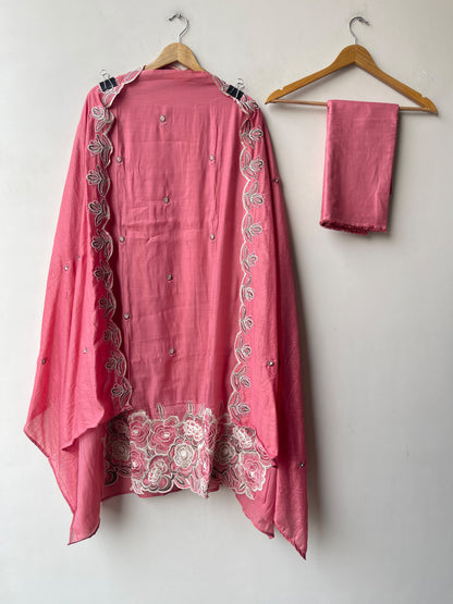 Pure Mul Chanderi Resham Embroidered Scalping Unstitched Suit Set