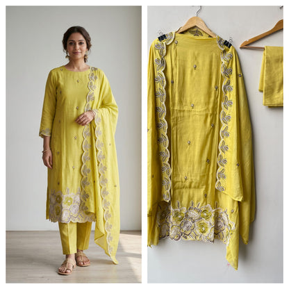 Pure Mul Chanderi Resham Embroidered Scalping Unstitched Suit Set