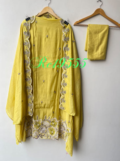 Pure Mul Chanderi Resham Embroidered Scalping Unstitched Suit Set