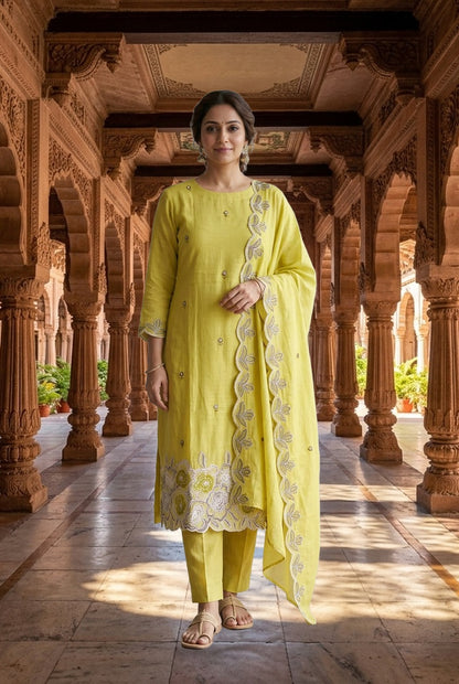 Pure Mul Chanderi Resham Embroidered Scalping Unstitched Suit Set