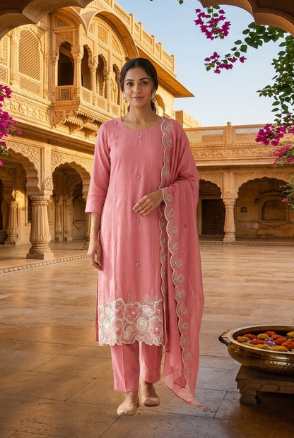 Pure Mul Chanderi Resham Embroidered Scalping Unstitched Suit Set