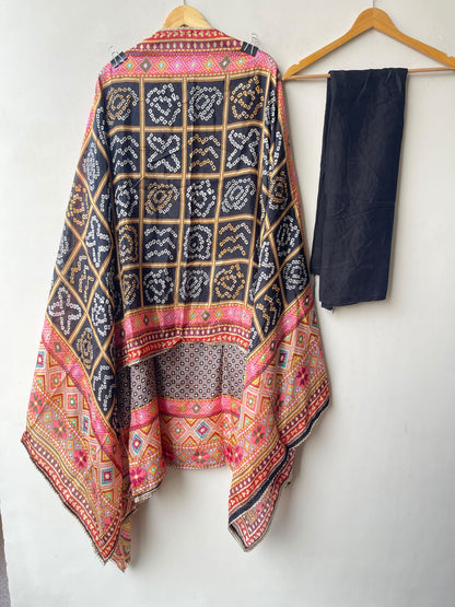 Designer Satin Crepe Printed Mirror Swarovski Work Unstitched Suit Set