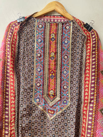 Designer Satin Crepe Printed Mirror Swarovski Work Unstitched Suit Set
