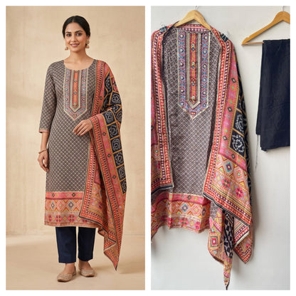 Designer Satin Crepe Printed Mirror Swarovski Work Unstitched Suit Set