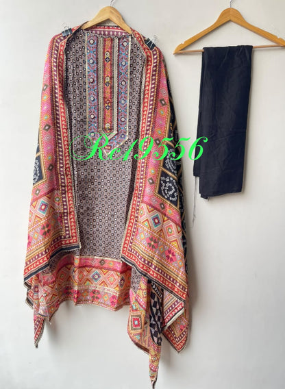 Designer Satin Crepe Printed Mirror Swarovski Work Unstitched Suit Set