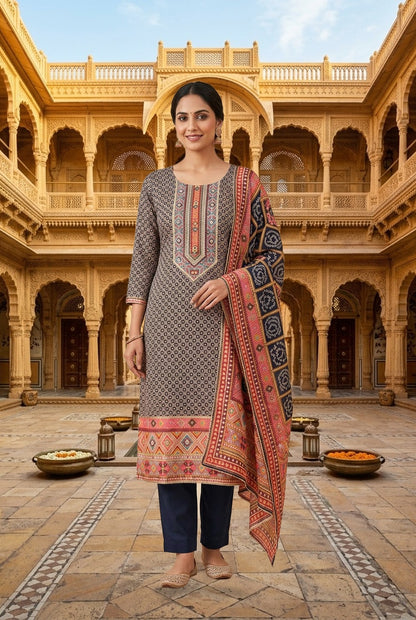 Designer Satin Crepe Printed Mirror Swarovski Work Unstitched Suit Set