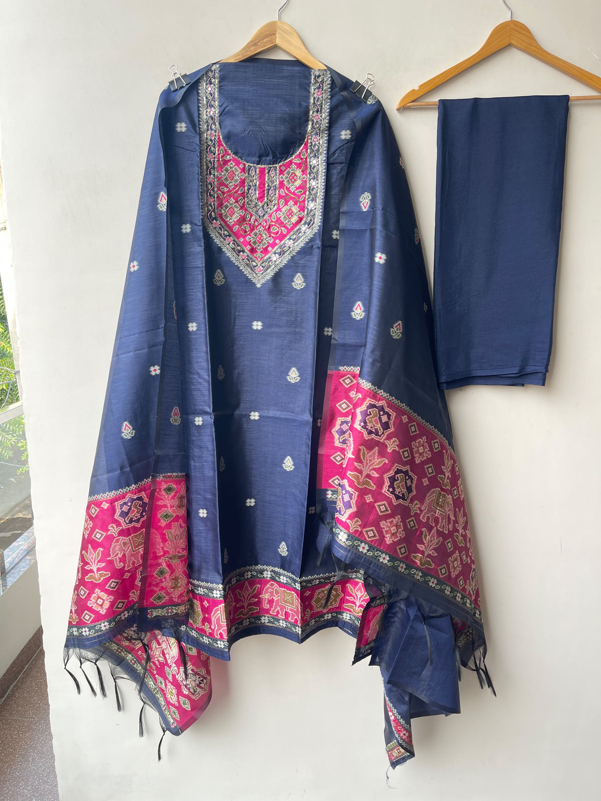 Royal Shimmer Silk Woven Patola Resham Kutdanna Unstitched Suit Set