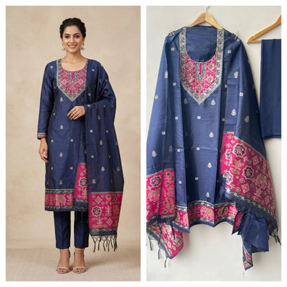 Royal Shimmer Silk Woven Patola Resham Kutdanna Unstitched Suit Set