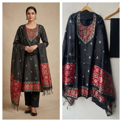 Royal Shimmer Silk Woven Patola Resham Kutdanna Unstitched Suit Set