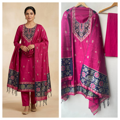Royal Shimmer Silk Woven Patola Resham Kutdanna Unstitched Suit Set