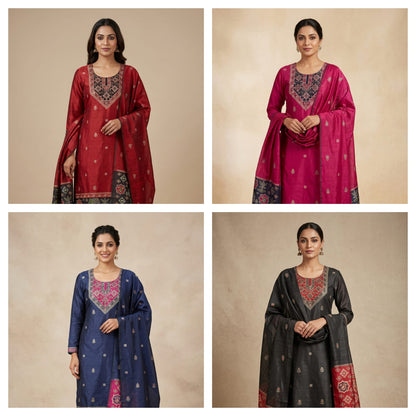Royal Shimmer Silk Woven Patola Resham Kutdanna Unstitched Suit Set