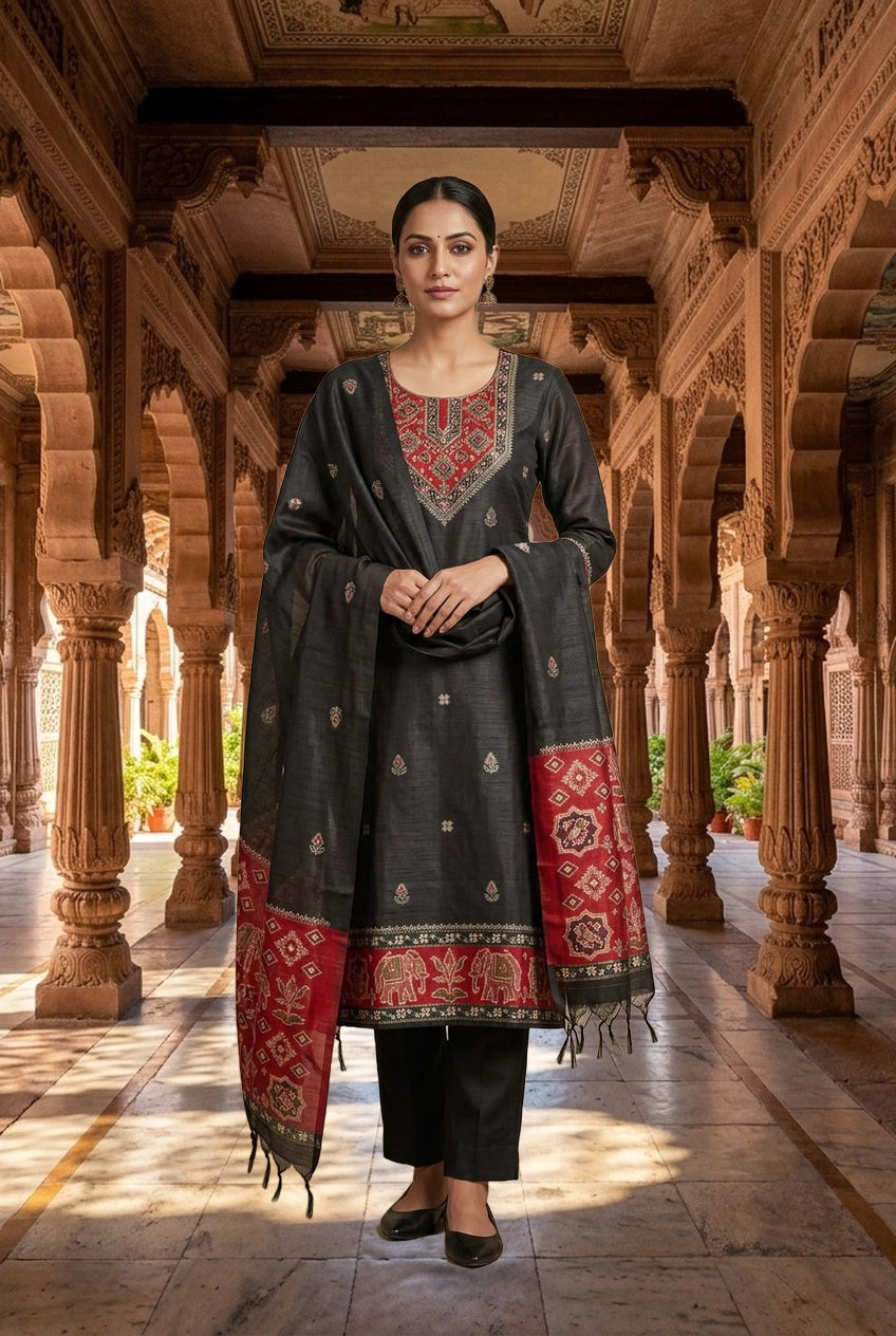 Royal Shimmer Silk Woven Patola Resham Kutdanna Unstitched Suit Set
