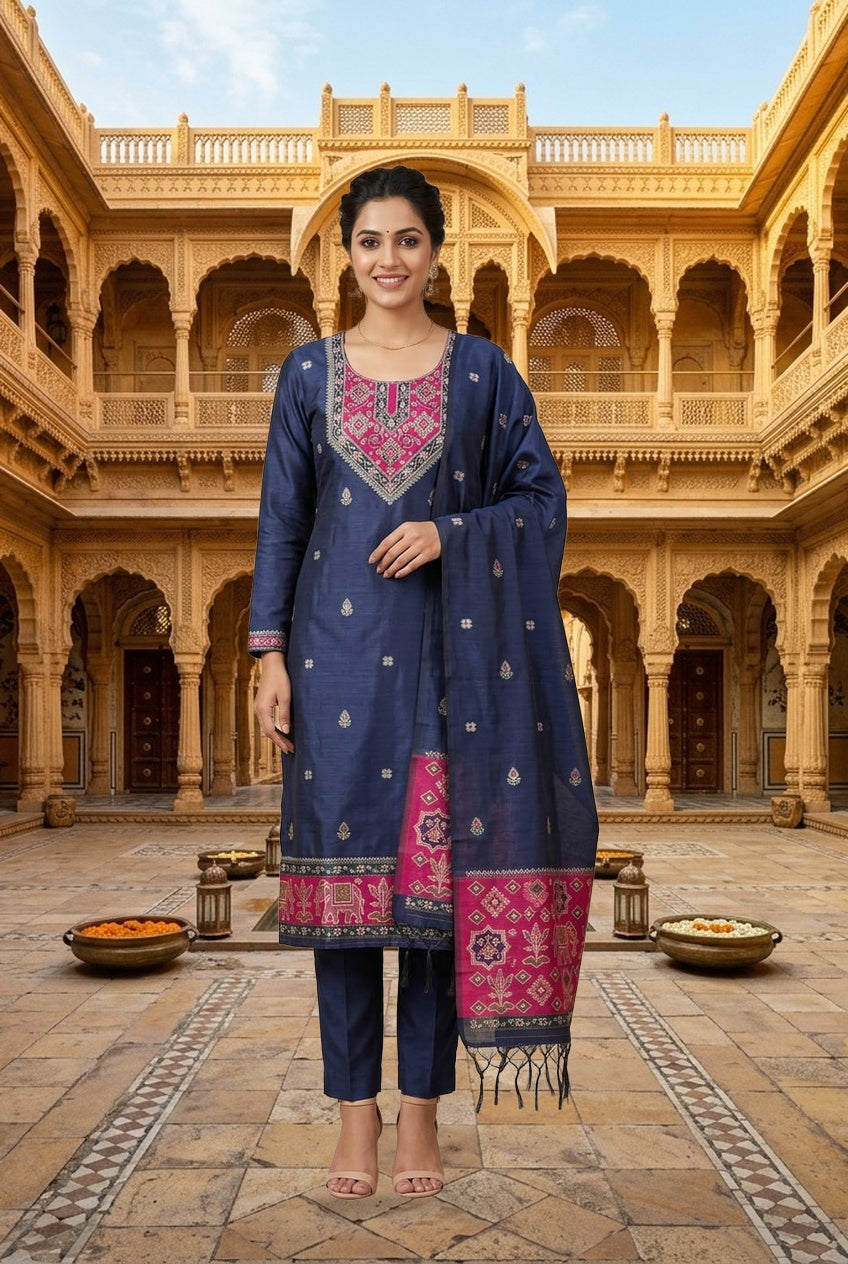 Royal Shimmer Silk Woven Patola Resham Kutdanna Unstitched Suit Set