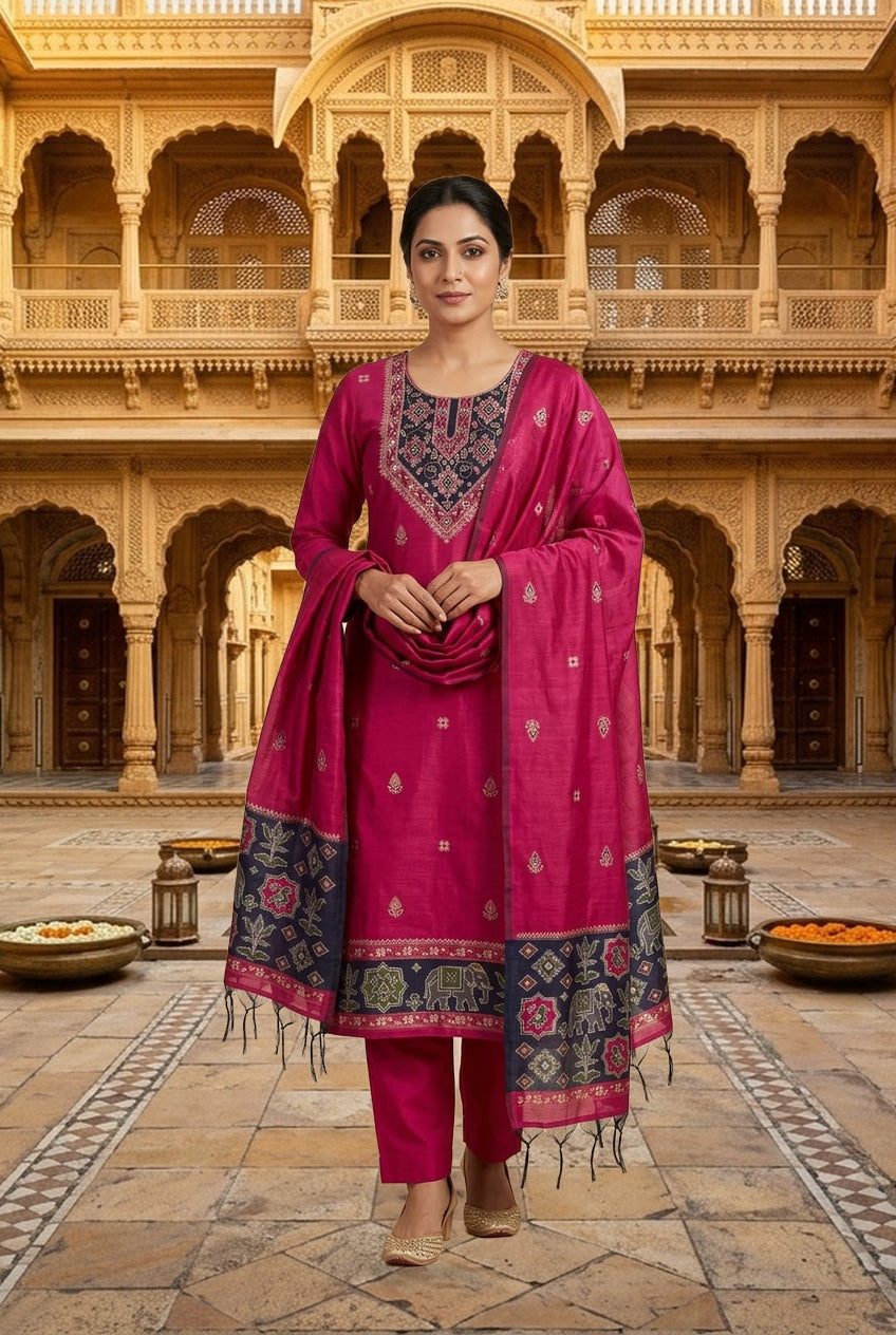 Royal Shimmer Silk Woven Patola Resham Kutdanna Unstitched Suit Set