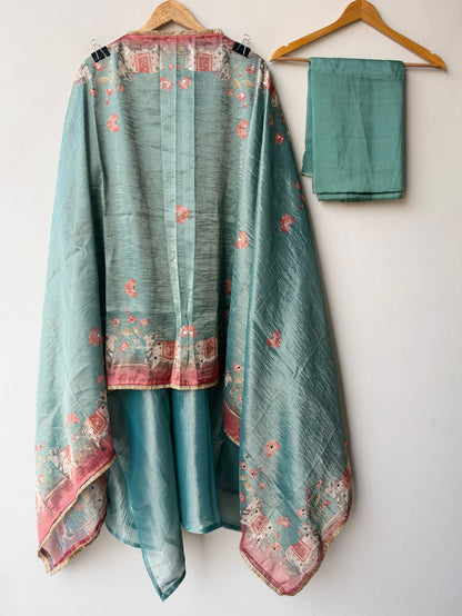 Pichwai Art Inspired Pure Shimmer Crushed Tissue Hand Embroidered Unstitched Suit Set