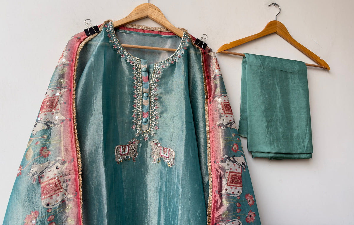 Pichwai Art Inspired Pure Shimmer Crushed Tissue Hand Embroidered Unstitched Suit Set