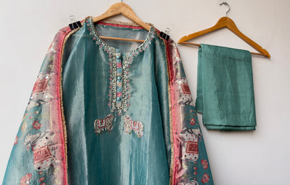 Pichwai Art Inspired Pure Shimmer Crushed Tissue Hand Embroidered Unstitched Suit Set