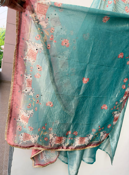 Pichwai Art Inspired Pure Shimmer Crushed Tissue Hand Embroidered Unstitched Suit Set