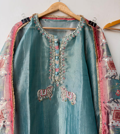 Pichwai Art Inspired Pure Shimmer Crushed Tissue Hand Embroidered Unstitched Suit Set