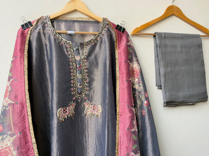 Pichwai Art Inspired Pure Shimmer Crushed Tissue Hand Embroidered Unstitched Suit Set