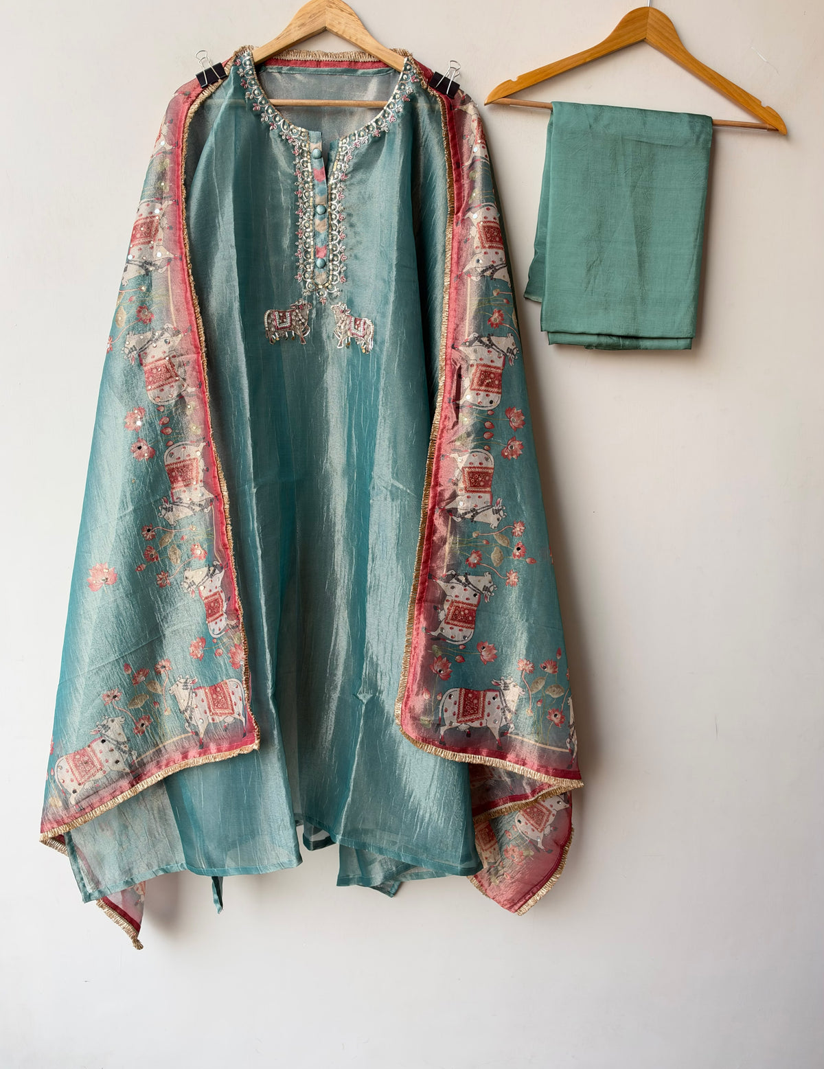 Pichwai Art Inspired Pure Shimmer Crushed Tissue Hand Embroidered Unstitched Suit Set