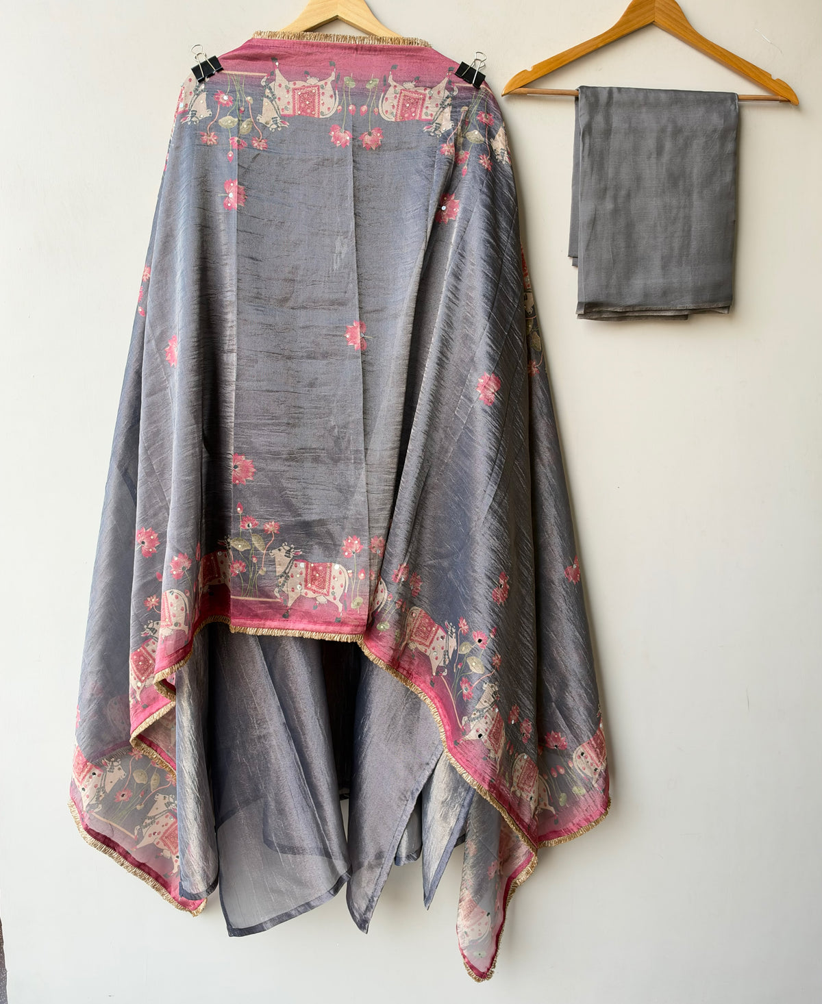 Pichwai Art Inspired Pure Shimmer Crushed Tissue Hand Embroidered Unstitched Suit Set