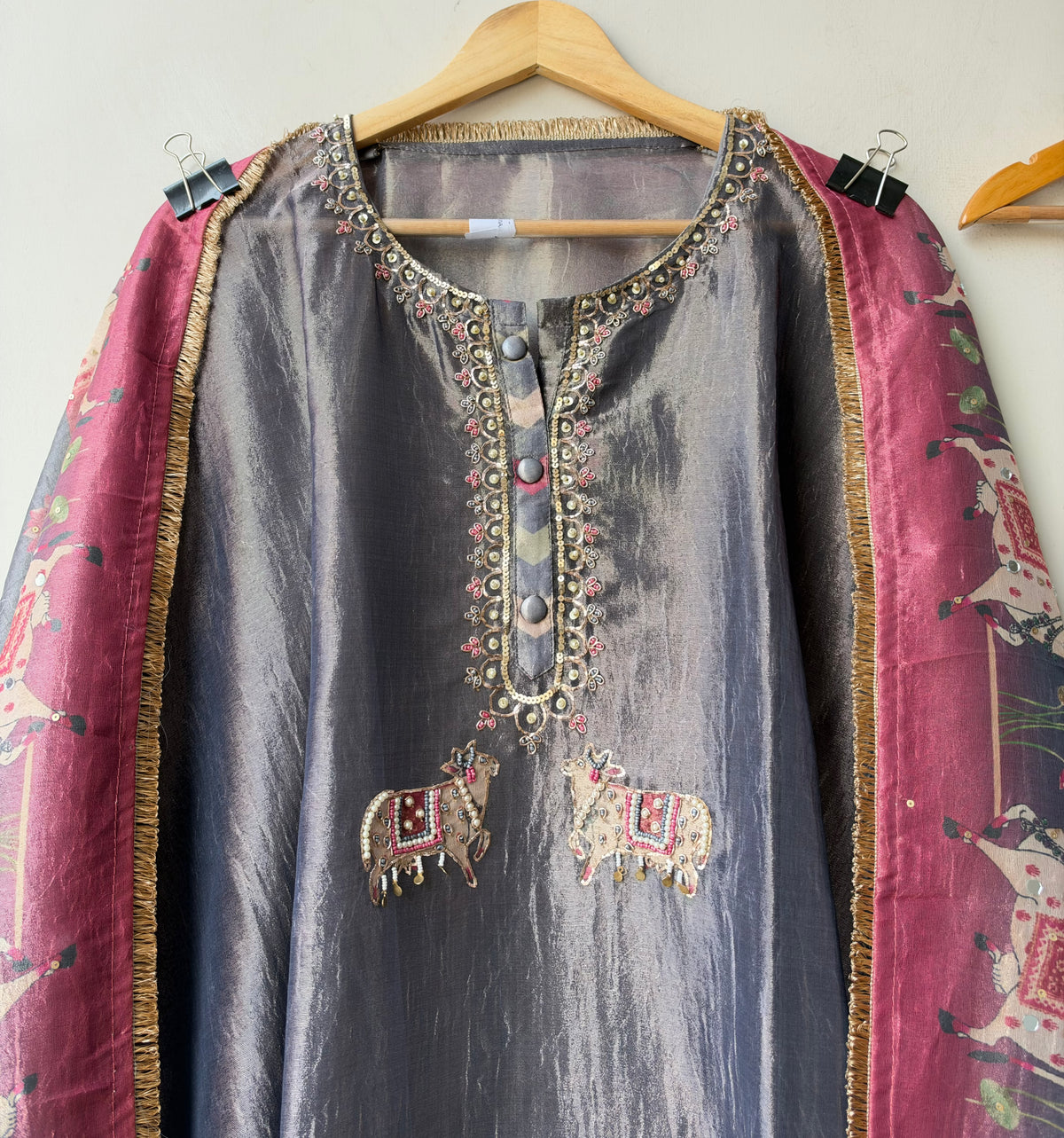 Pichwai Art Inspired Pure Shimmer Crushed Tissue Hand Embroidered Unstitched Suit Set