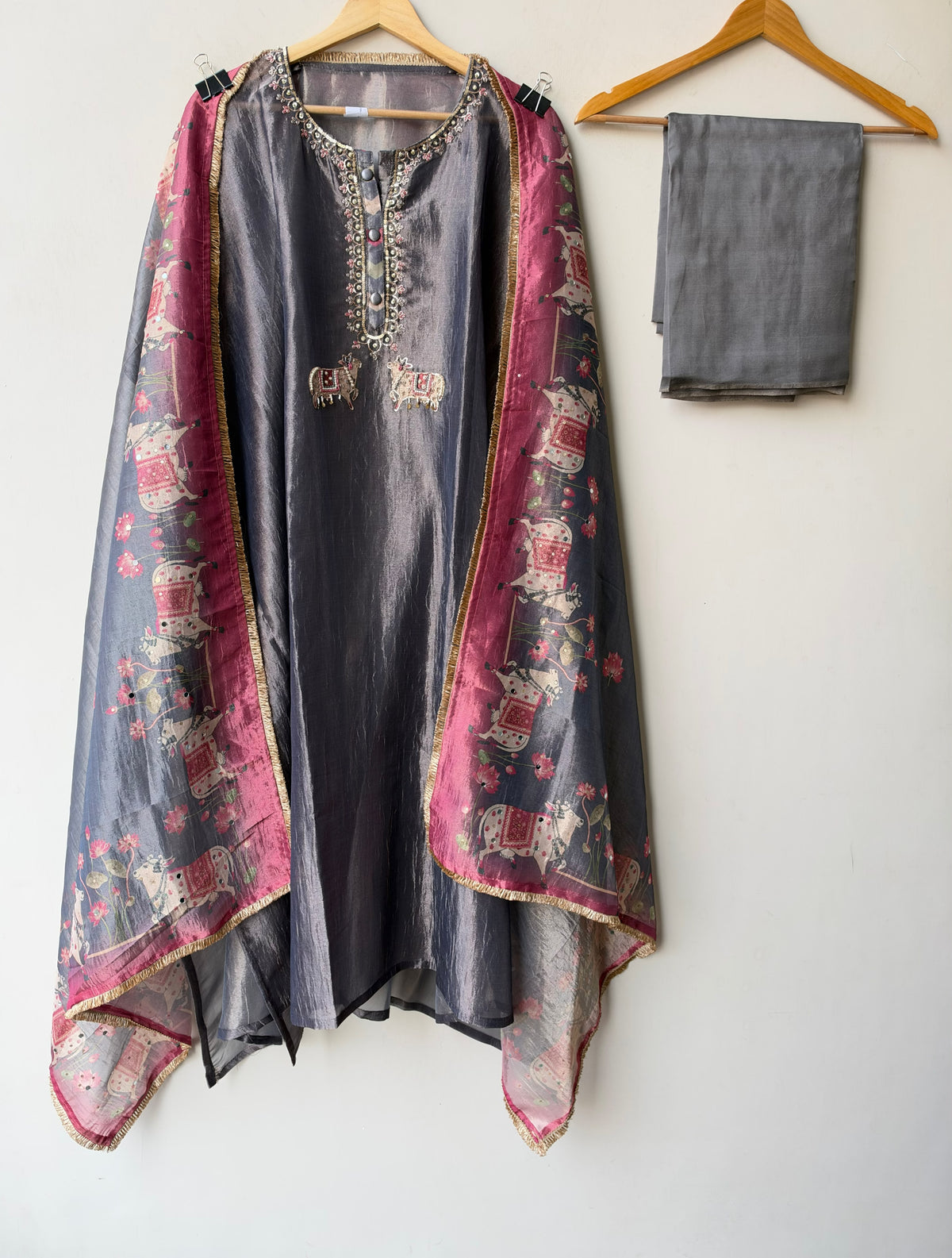 Pichwai Art Inspired Pure Shimmer Crushed Tissue Hand Embroidered Unstitched Suit Set