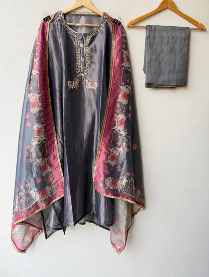 Pichwai Art Inspired Pure Shimmer Crushed Tissue Hand Embroidered Unstitched Suit Set