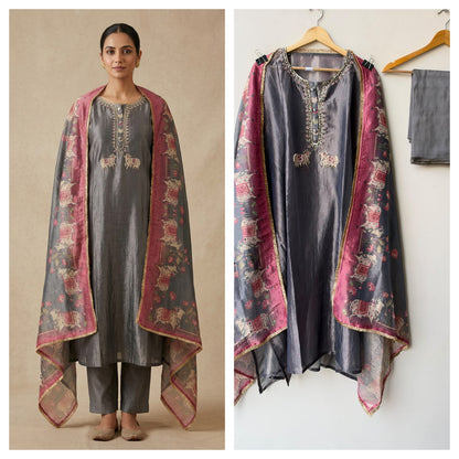 Pichwai Art Inspired Pure Shimmer Crushed Tissue Hand Embroidered Unstitched Suit Set