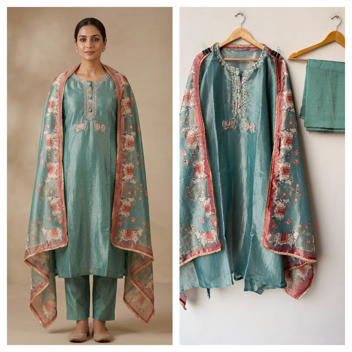 Pichwai Art Inspired Pure Shimmer Crushed Tissue Hand Embroidered Unstitched Suit Set