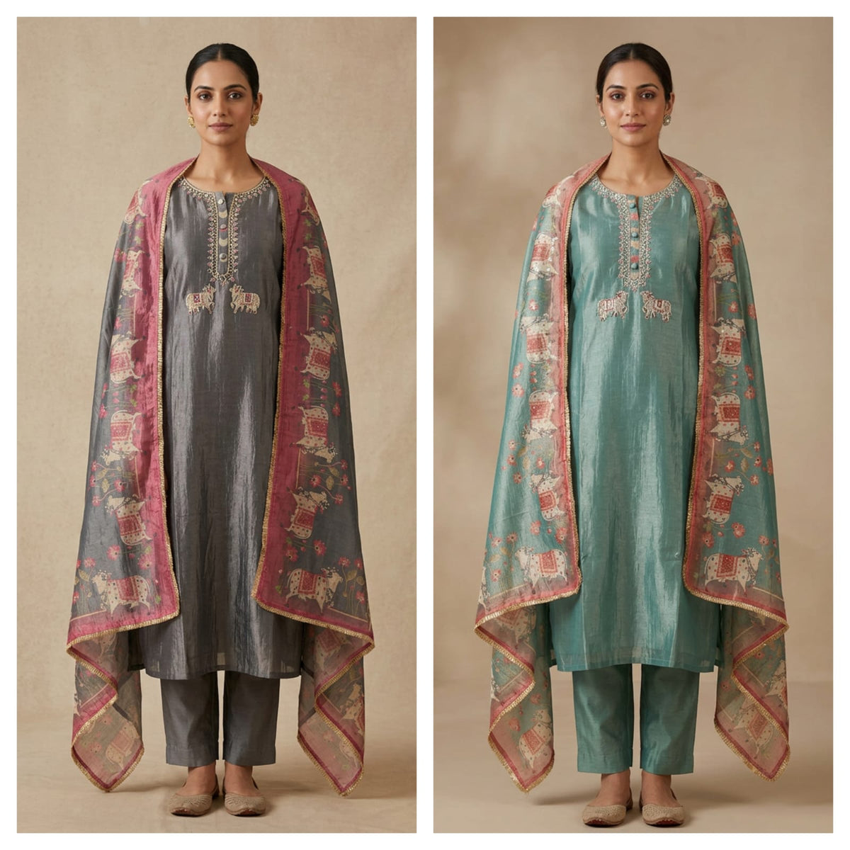 Pichwai Art Inspired Pure Shimmer Crushed Tissue Hand Embroidered Unstitched Suit Set