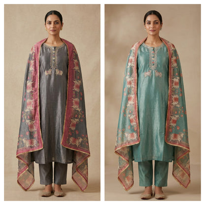 Pichwai Art Inspired Pure Shimmer Crushed Tissue Hand Embroidered Unstitched Suit Set