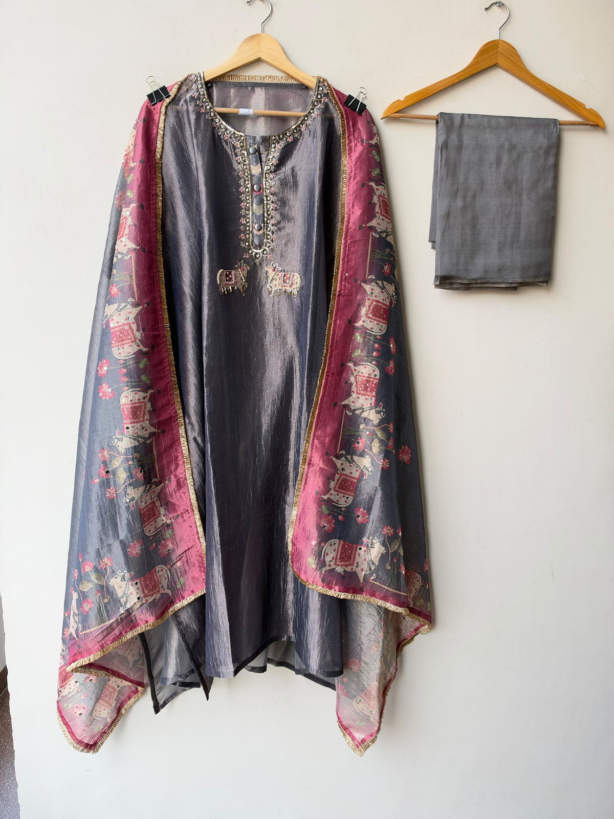 Pichwai Art Inspired Pure Shimmer Crushed Tissue Hand Embroidered Unstitched Suit Set