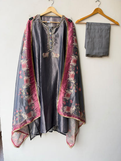 Pichwai Art Inspired Pure Shimmer Crushed Tissue Hand Embroidered Unstitched Suit Set