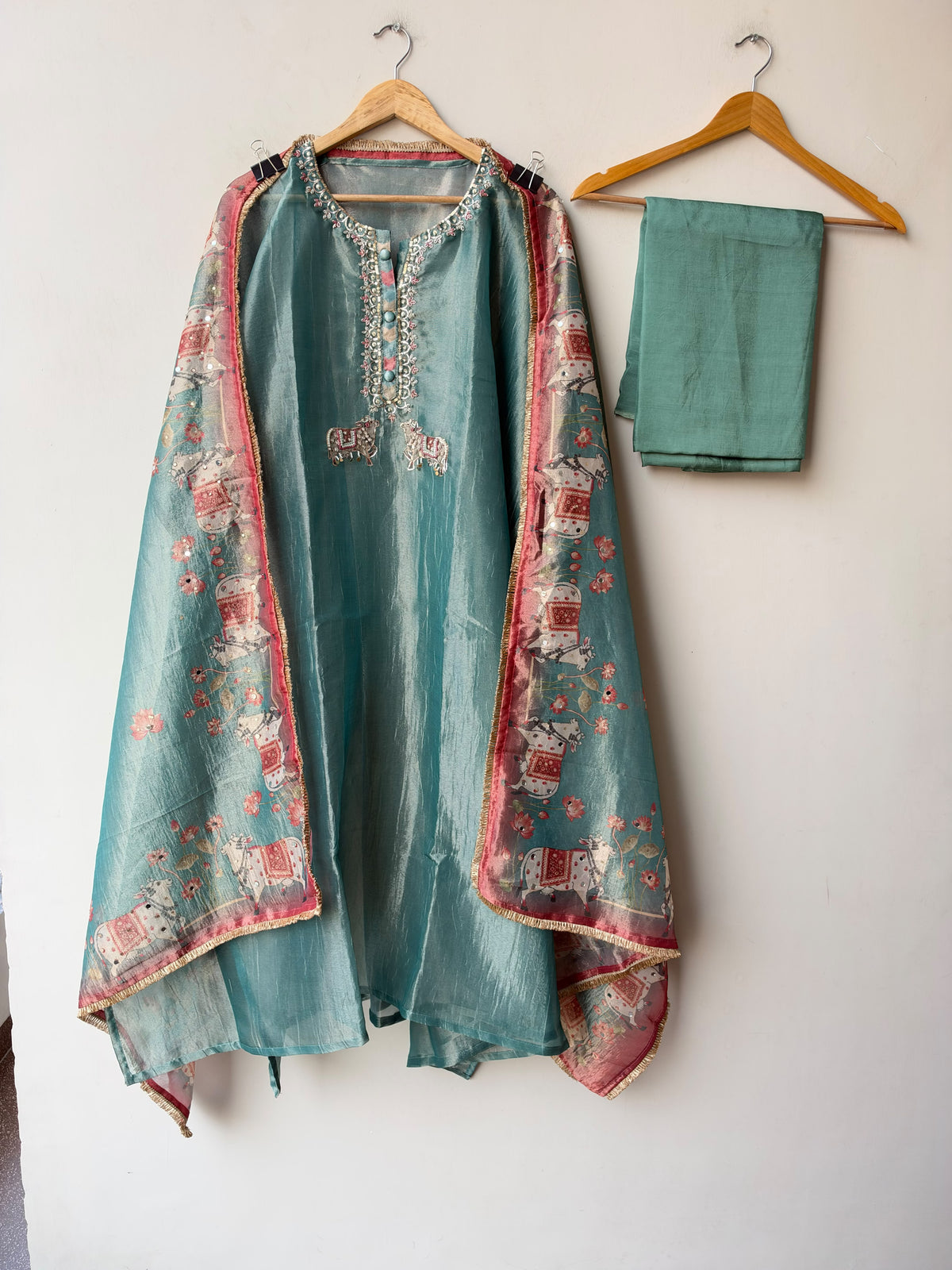 Pichwai Art Inspired Pure Shimmer Crushed Tissue Hand Embroidered Unstitched Suit Set