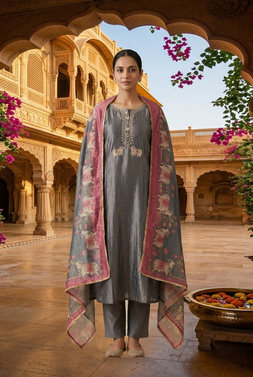 Pichwai Art Inspired Pure Shimmer Crushed Tissue Hand Embroidered Unstitched Suit Set