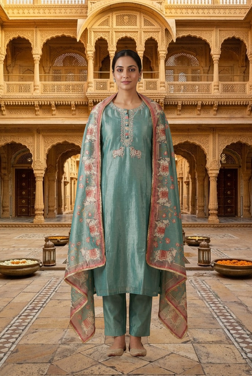 Pichwai Art Inspired Pure Shimmer Crushed Tissue Hand Embroidered Unstitched Suit Set